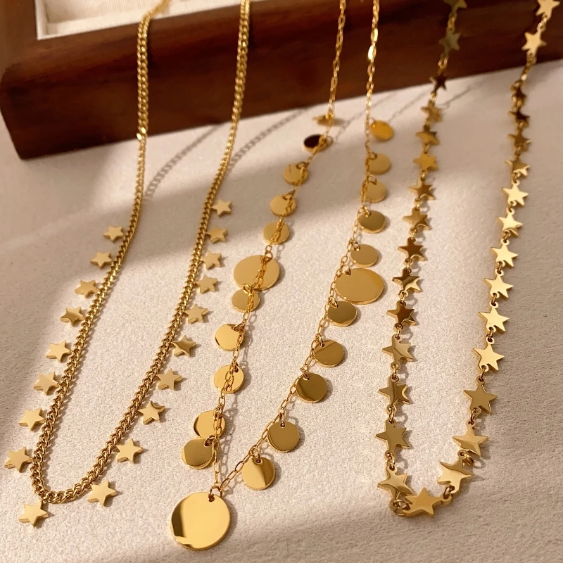 Edelstahl Vergoldete Münzkette für Damen Minimalistische Scheibenkette Sternanhänger Wasserdicht Anlaufbeständiger Modeschmuck