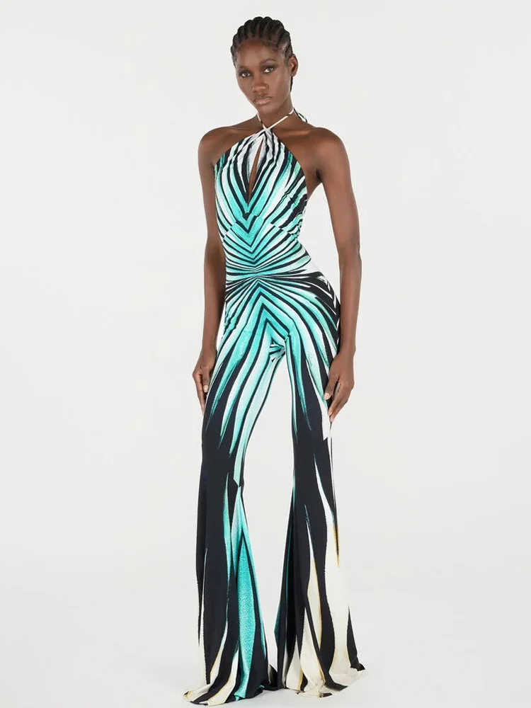 Ahagaga Fashion Printed Women Jumpsuits Halter Bandage Hollow Out Striped Skinny Flare Pants Sexy Streetwear Rompers Female