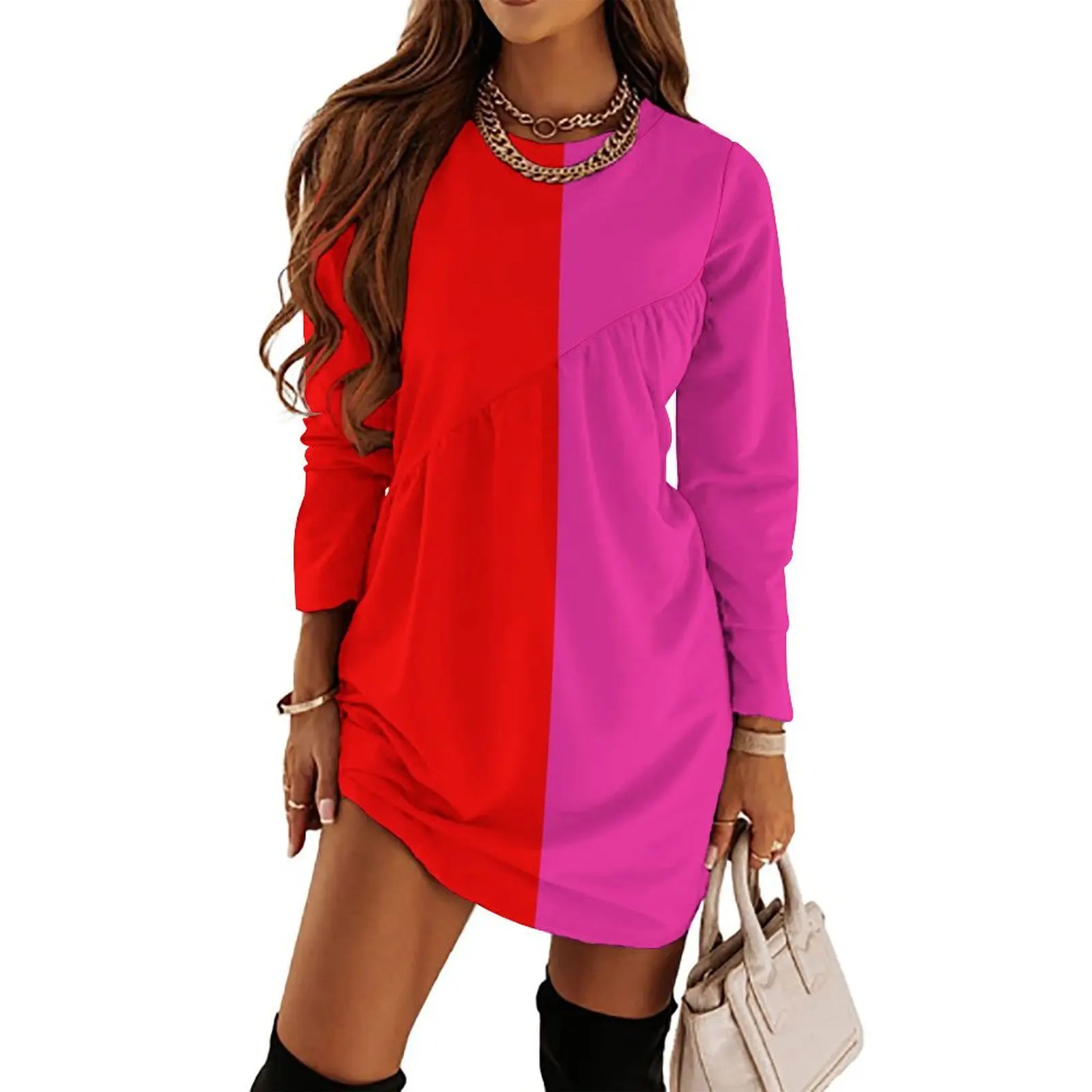 

Colour blocking red and pink Long Sleeved Dress birthday dress for women Dance dresses