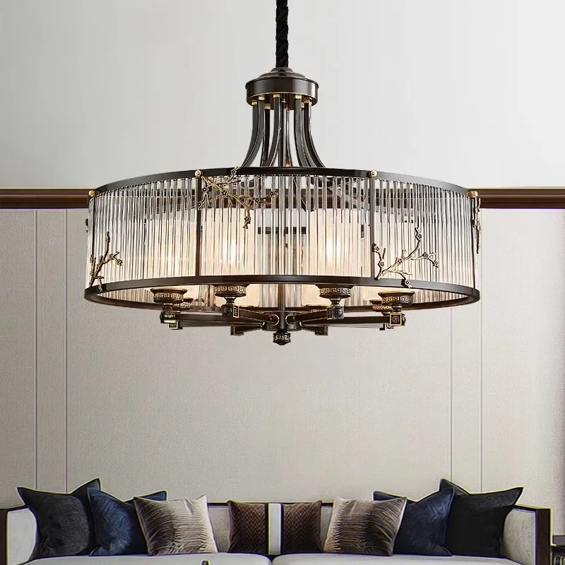 New Chinese Style Chandelier Living Room Lamp All Copper Zen Style Duplex Double Layer Chinese Style