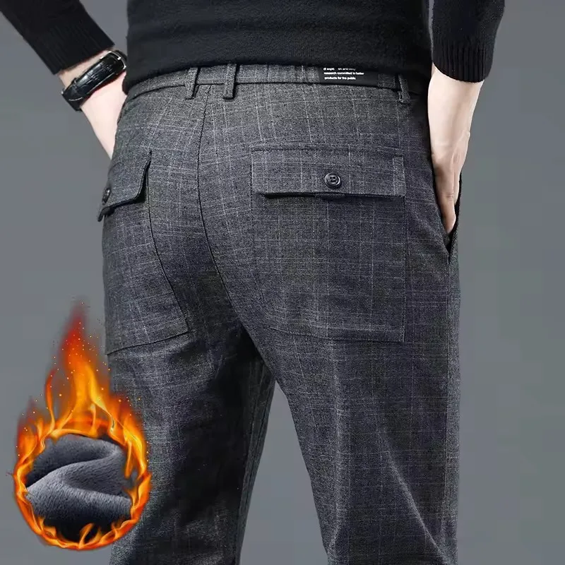 

Warm Fleece Winter Casual Pants Men's Slim Straight Fashion Plaid Thicken Velvet Trousers Social Business Thermal Man Pants