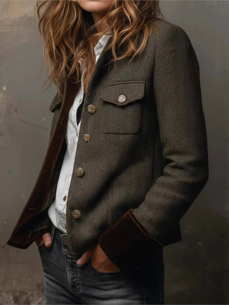 Women's Vintage Herringbone Tweed Blazer With Velvet Trim Coat New Autumn Winter Fashion Buttons Suit Coat Office Ladies Blazer