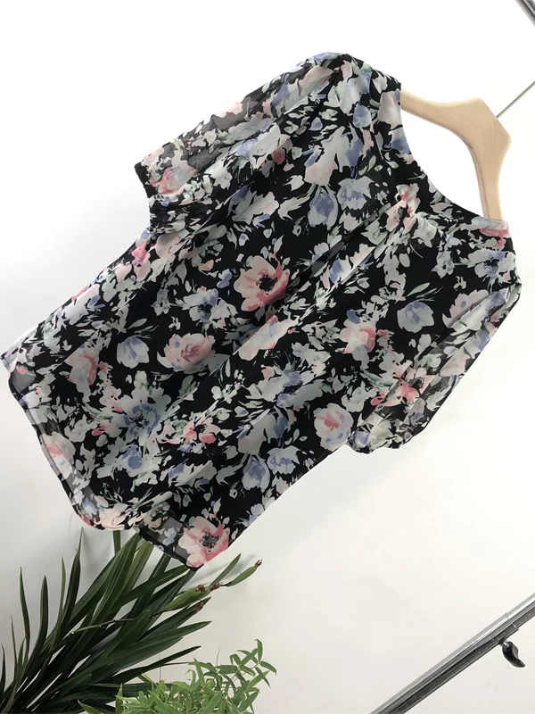 เสื้อผู้หญิงลายดอกไม้ฤดูร้อน ไซส์ใหญ่ คอวี ผ้าชีฟอง แขนยาว ผ้าโพลีเอสเตอร์ 100% ความยาวปกติ