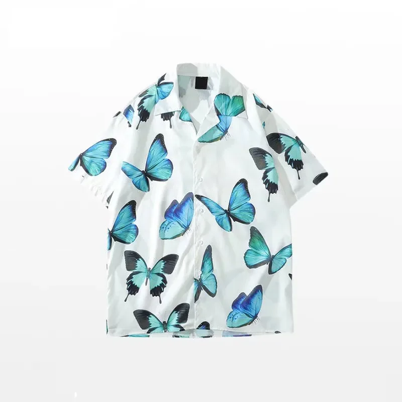 Vintage Floral Shirt for Men Casual Summer Japanese Hawaiian Fashion Handsome High Street Individual Camisas Butterfly