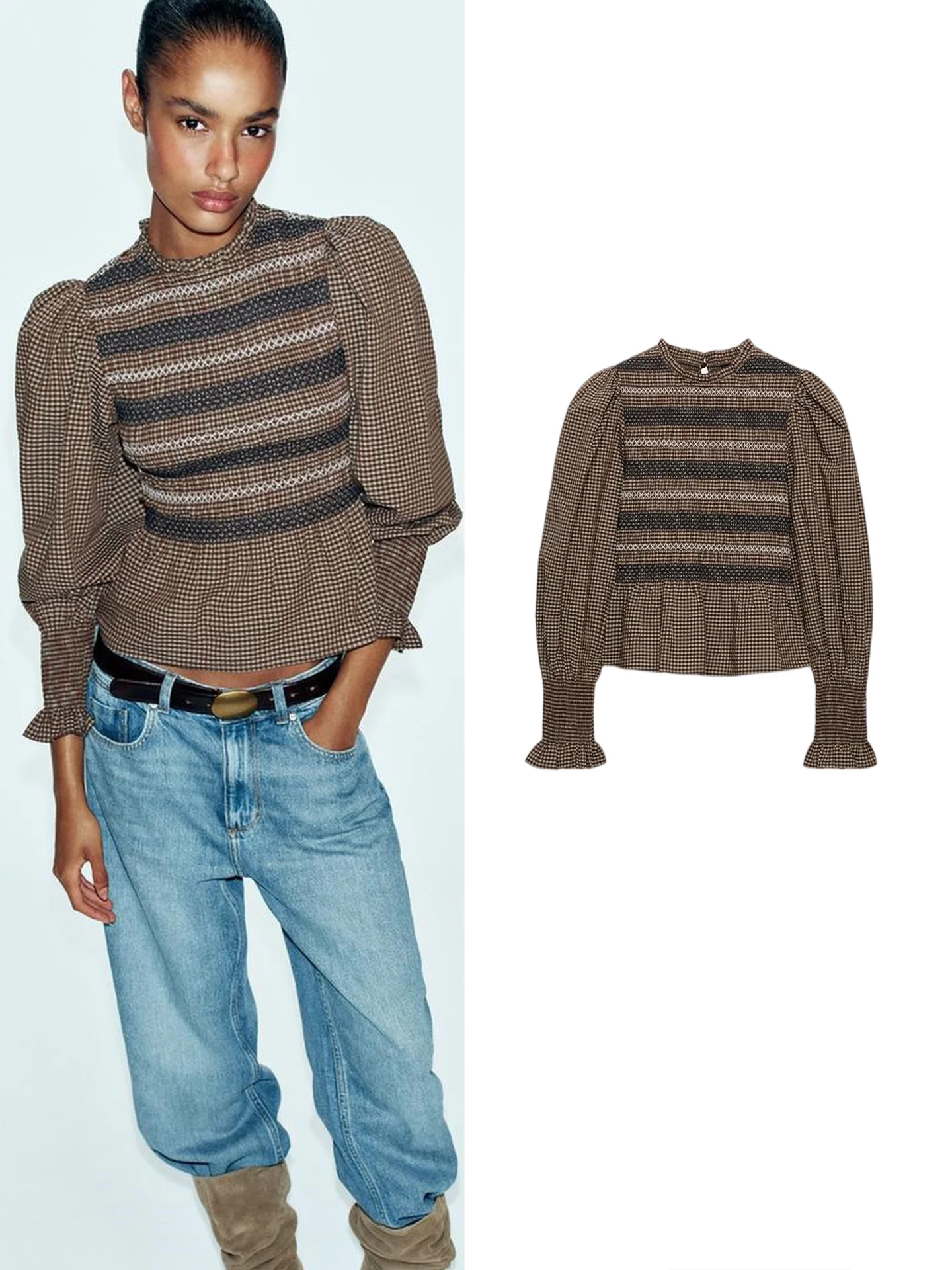 Autumn New Arrival Women's Casual Style Long Sleeve round Neck Embroidered Honeycomb Pleated Shirt Skin-friendly Breathable P...