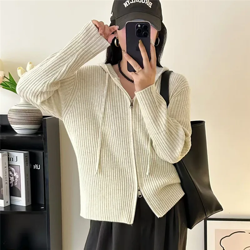 Korean Style Women's Hooded Sweatshirt Jacket 2025 Autumn New Solid Loose Knit Zip Up Hooded Cardigan Y2k Streetwear Women