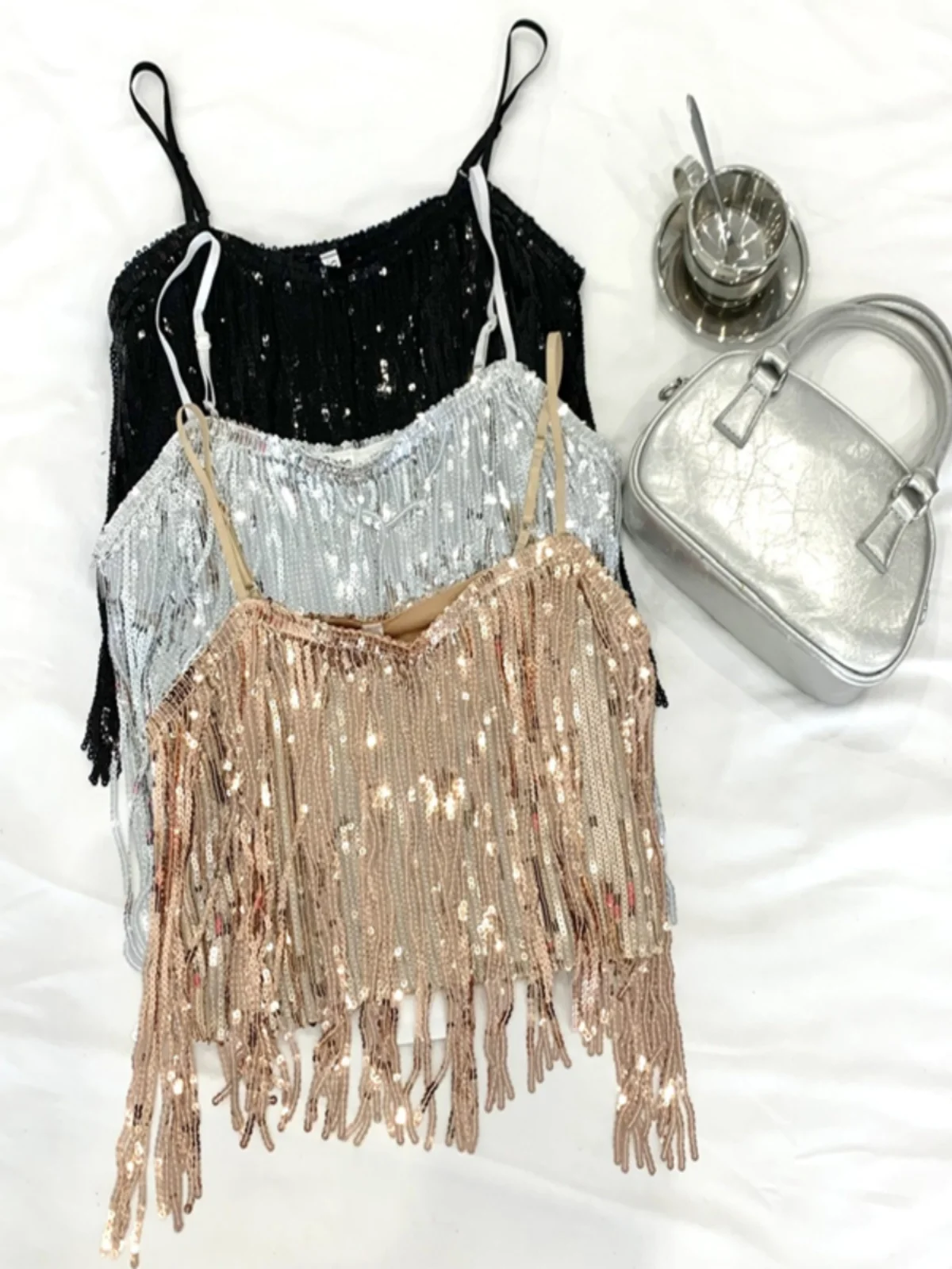 Summer New Design Heavy Work Fringe Sequin Short Crop Top Women's Strap Vest Bright Thread Original Design Straight Tube