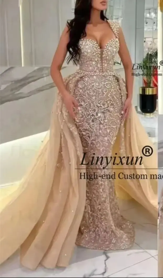 

Elegant Detachable Trailing Cap Sleeve Evening Dress Dubai Arabic Pearls Beads Mermaid Prom Dress Customized فساتين سهر