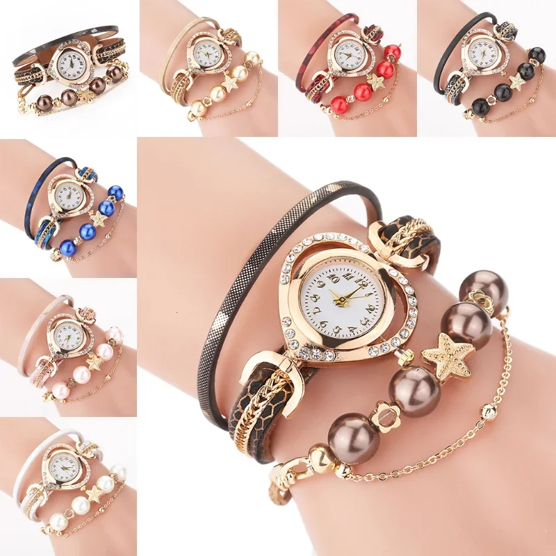 Luxury Rhinestones Women Bracelet Watches Love Dial Leather Band Ladies Wristwatch with Pearl Pendant with Pearl Pendant