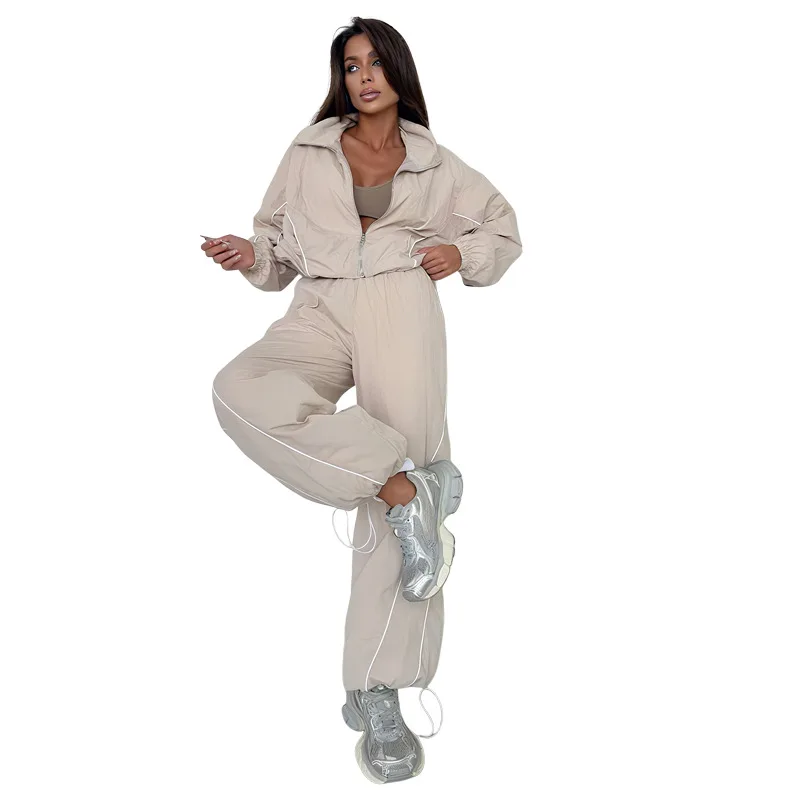 秋の新女性のファッションジッパーターンダウンカラージャケットコート & 巾着ハイウエストカジュアルロングパンツセット