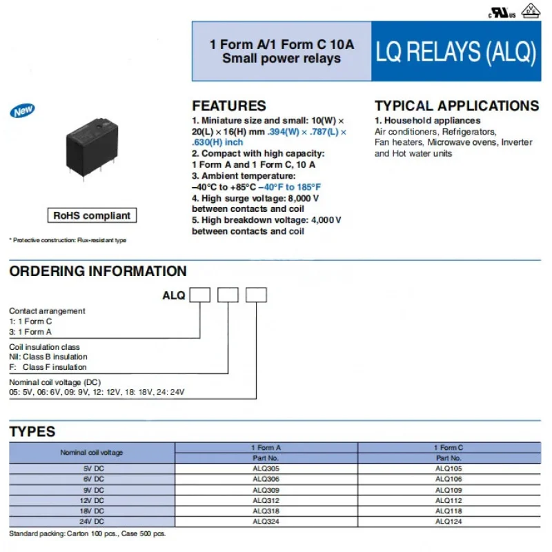 5 قطع/مجموعة ALQ105 ALQ112 ALQ124 5Pin 1 شكل C ALQ305 ALQ312 ALQ324 4Pin 1 شكل A مرحلات الطاقة 5V 12V 24V DC 10A