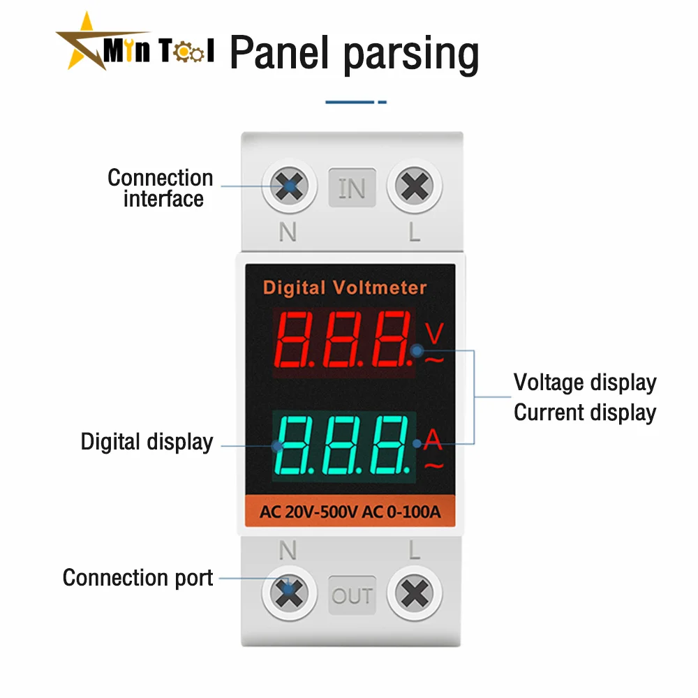 Din Rail LCD Dual Digital AC Voltmeter Ammeter AC220V 380V Meter AC60-500V AC0.00-99.9A Amp Monitor for Electrician Tool