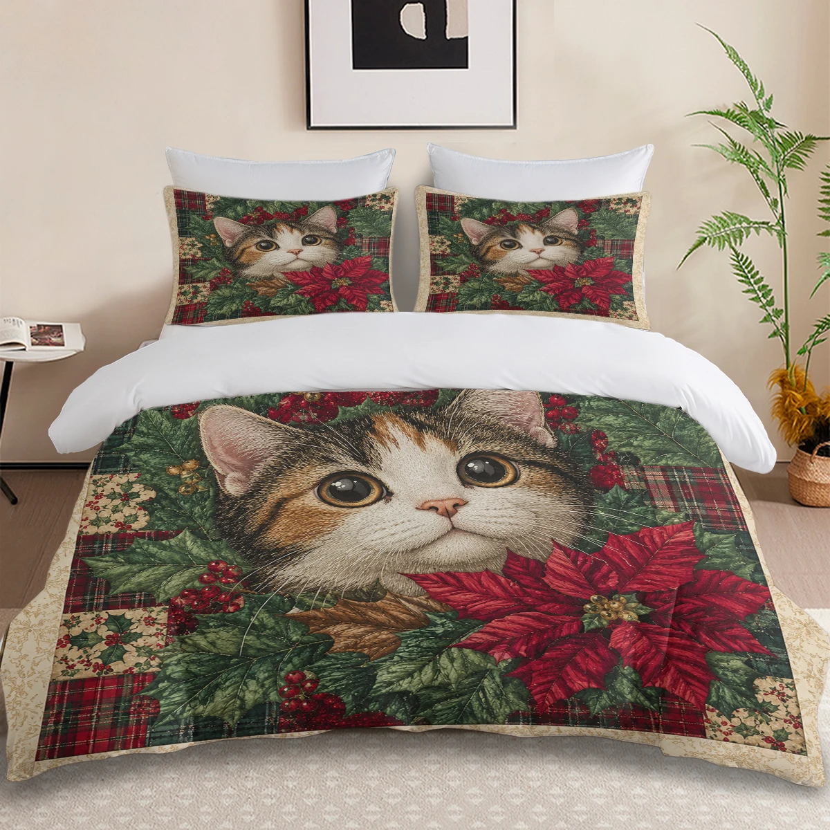 3PCS Christmas Cat Duvet Cover Set,Vintage Poinsettia Holly Plaid Patchwork Print Bedding Set With Pillowcases Soft No Comforter
