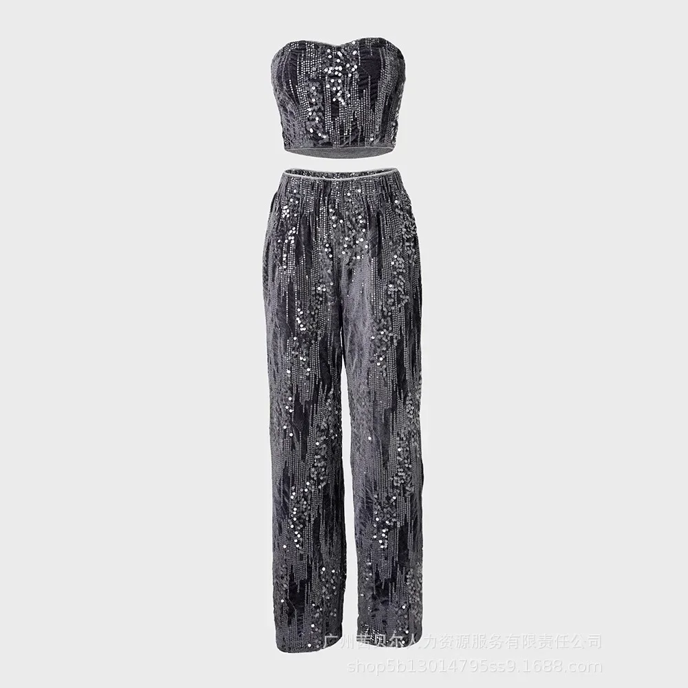 3 Piece Velvet Contrast Sequin Bandeau Top Hooded Sweatshirt Pants with Pockets Tracksuit