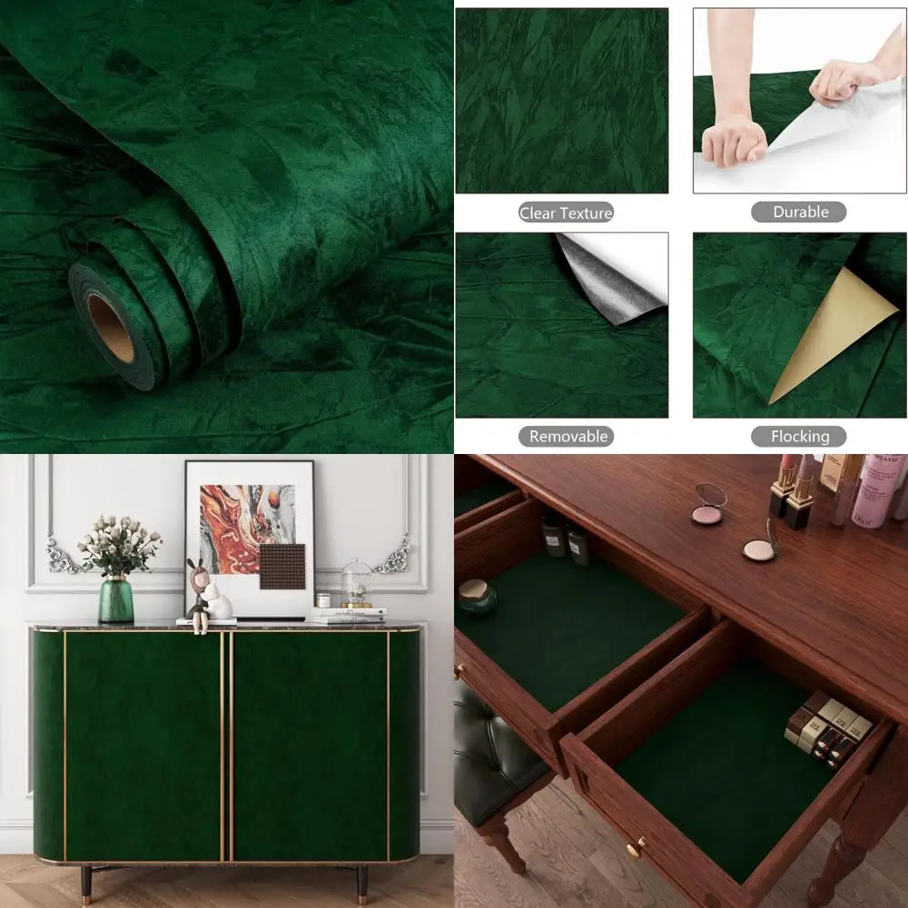 ورق جدران مخملي عتيق باللون الأخضر الداكن قابل للتقشير واللصق لغرفة النوم - طراز 30X393، غطاء حائط أخضر أنيق