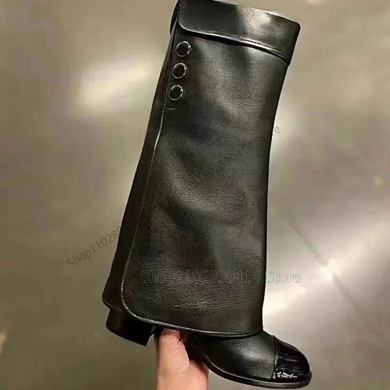 

Black Button Decor Turned Over Round Toe Boots Slip On Women Shoes Chunky High Heels New Fashion Party 2025 Zapatos Para Mujere