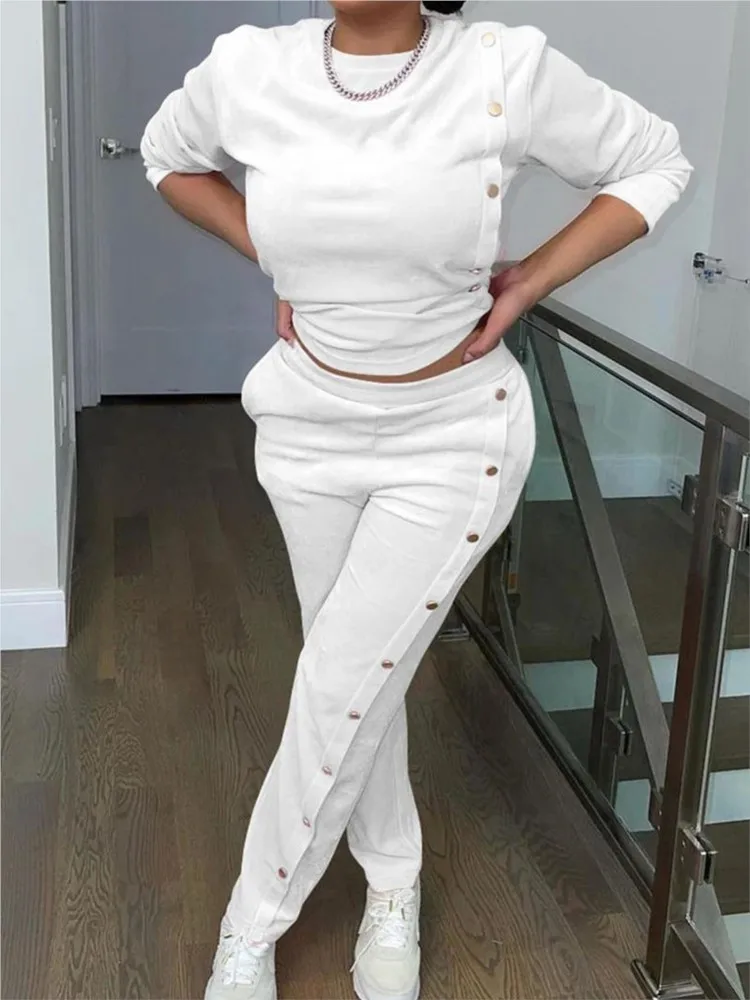 

Autumn Elegant Streetwear Solid Color Two Piece Sets Women's New Hoodie Side Button Long Sleeved Pants Fashionable Casual Suit