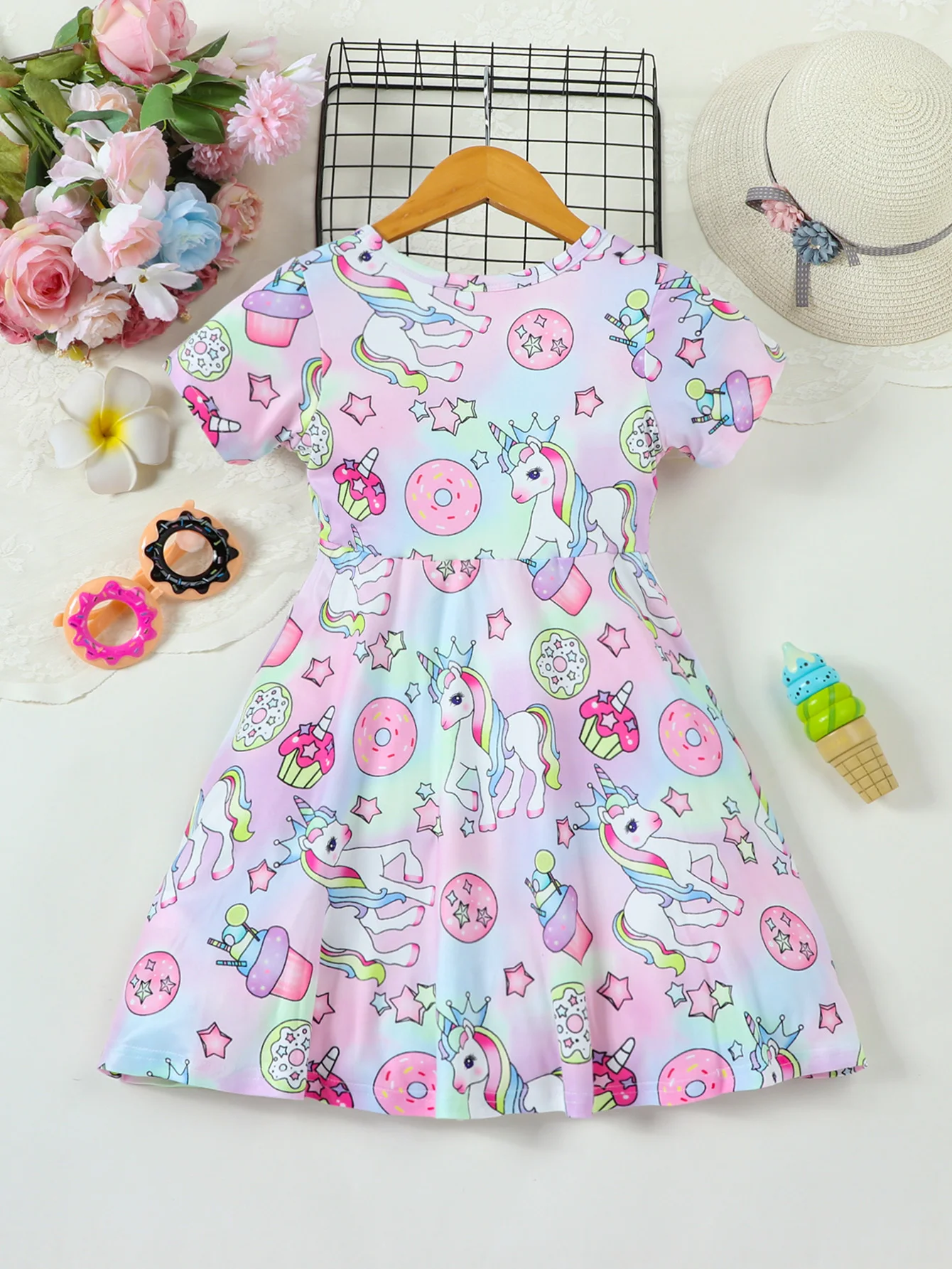 Summer Casual Fashion Dress for Girls Cute Animal Cartoon Gradient Rainbow Full Print round Neck Short Sleeve Waist Cinched