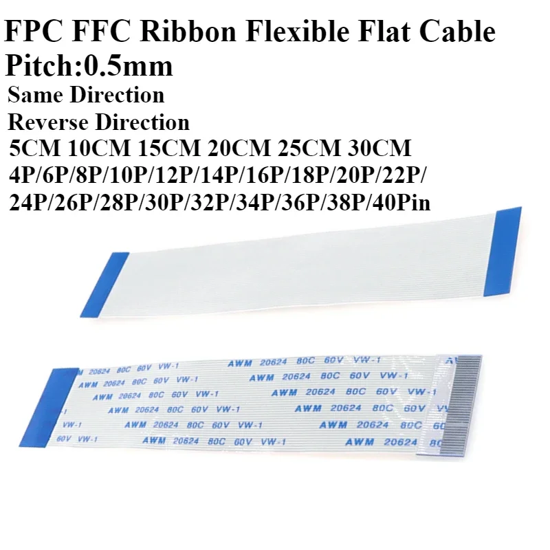 

5Pcs/lot FPC FFC Ribbon Flexible Flat Cable 4/6/8/10/12/14/16/18/20-40Pin Pitch0.5MM A-Type B-Type 5CM 10CM 15CM 20CM 25CM 30CM