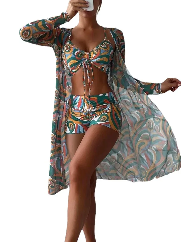 Costume da bagno tropicale a vita alta in tre pezzi da donna sexy a maniche lunghe Cover Up 2023 costume da bagno estivo push up da spiaggia