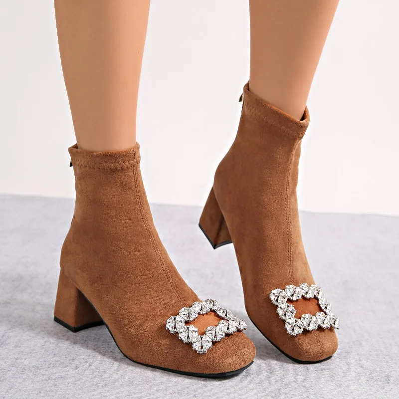 

Black Retro Square Toe Thick Heel Height Increasing Short Boots for Women 2026 New Autumn Winter Women Slim Elastic Socks Boots
