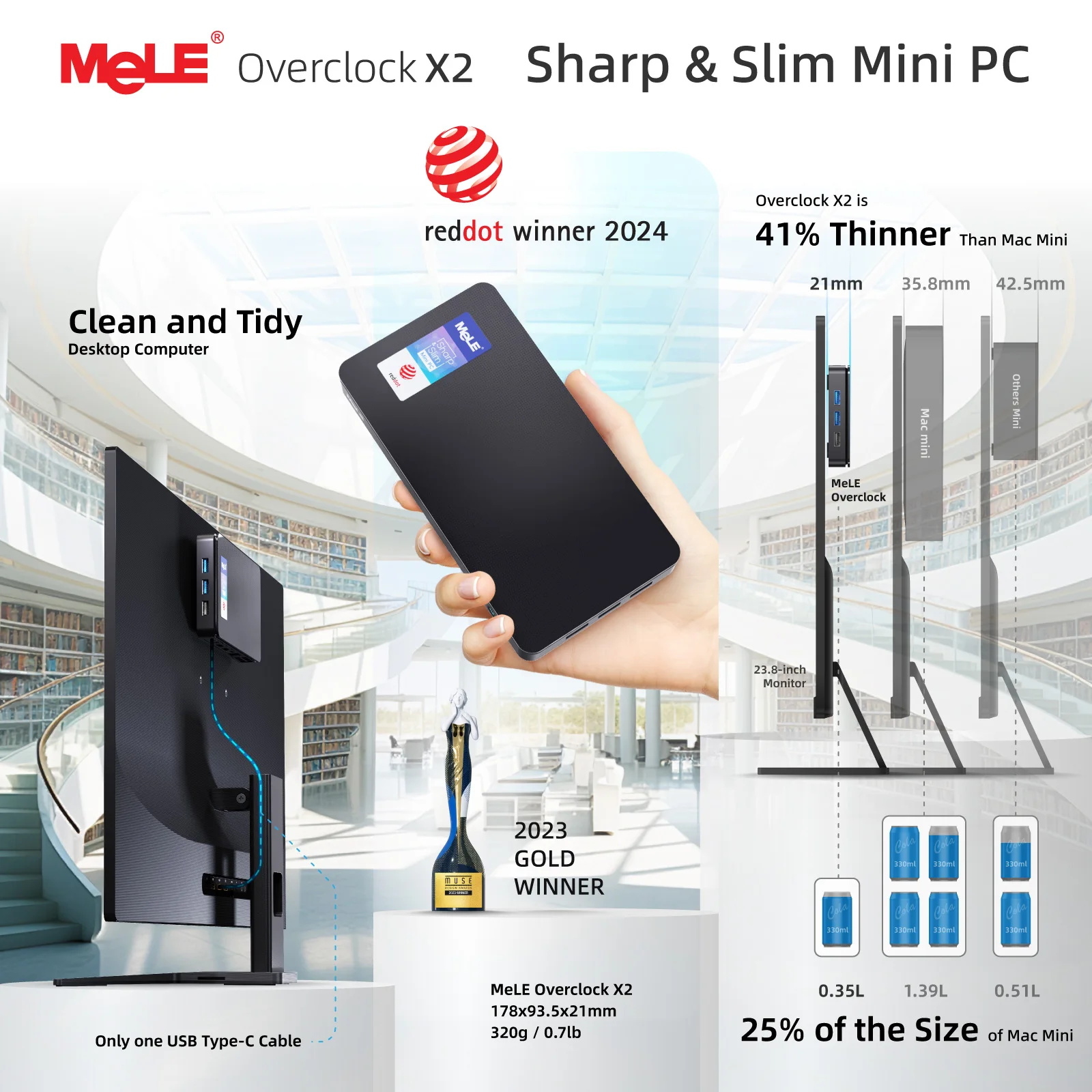 Mini PC MeLE Overclock X2, micro computer desktop N150 da 16 GB 512 GB, triplo display 4K, USB-C all-in-one, USB3.2/WiFi/BT/Ethernet