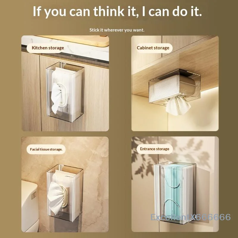 Transparent Wall Mounted Tissue Holder No Drill Dust Proof Tissue Dispenser for Bathroom Living Room Home