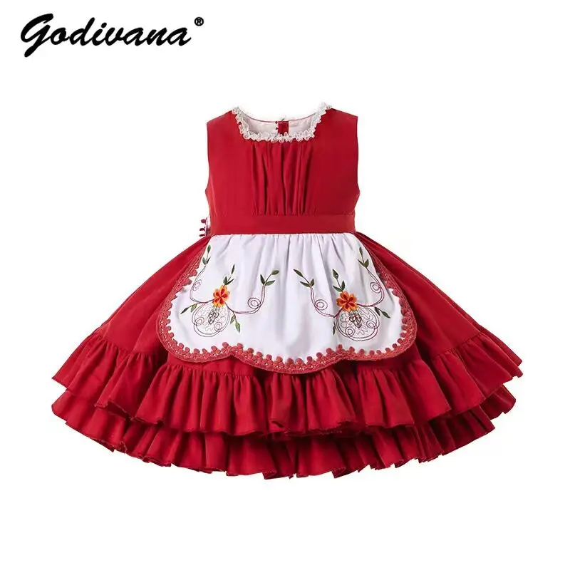 Baby Girls Lolita Spanish Court Princess Dress Kids High End Embroidery Lace Collar Sleeveless Ruffle Trim Birthday Party Gown