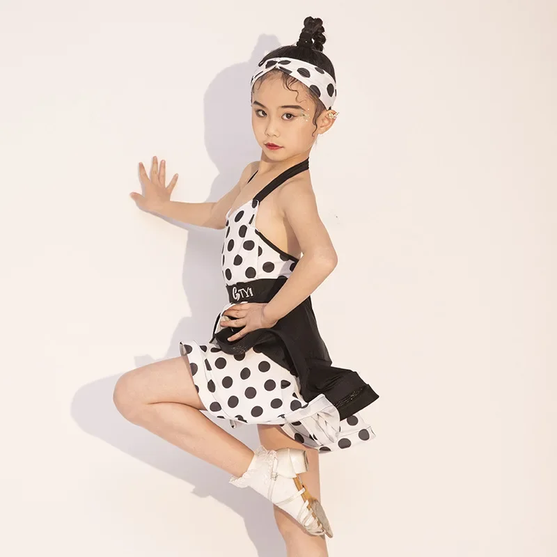 女の子子供サンバサルサチャチャルンバタンゴ服子供競技社交ドレス水玉ラテンアメリカダンスドレス