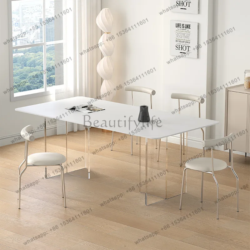 Factory Direct Sales cream-style floating dining table pure white sintered stone matte rectangular acrylic table