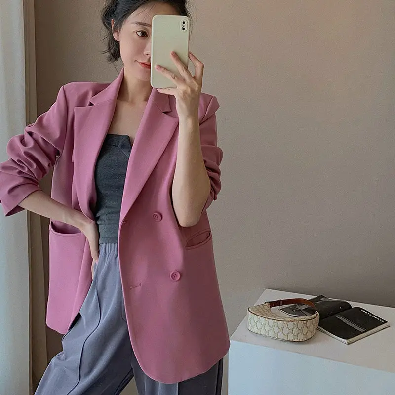 

Women Spring and Autumn Small Suit Double Breasted Leisure Solid Color Button Pocket Splicing Long-sleeved Cardigan Coat