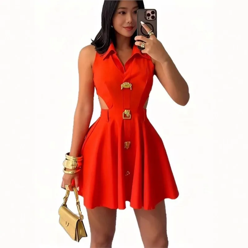 Mini abito elegante alla moda per Lady 2025 Colletto POLO estivo senza maniche con cut-out Vita snellente Gonna corta a trapezio Party