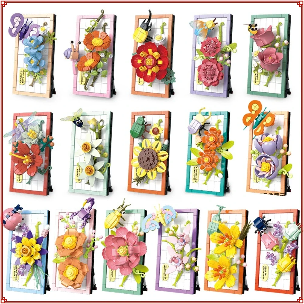 

Flower Bouquet Building Blocks Simulated Rose Chrysanthemum Photo Frame Assembly Model Kids Puzzle Toy Desktop Decoration Gifts