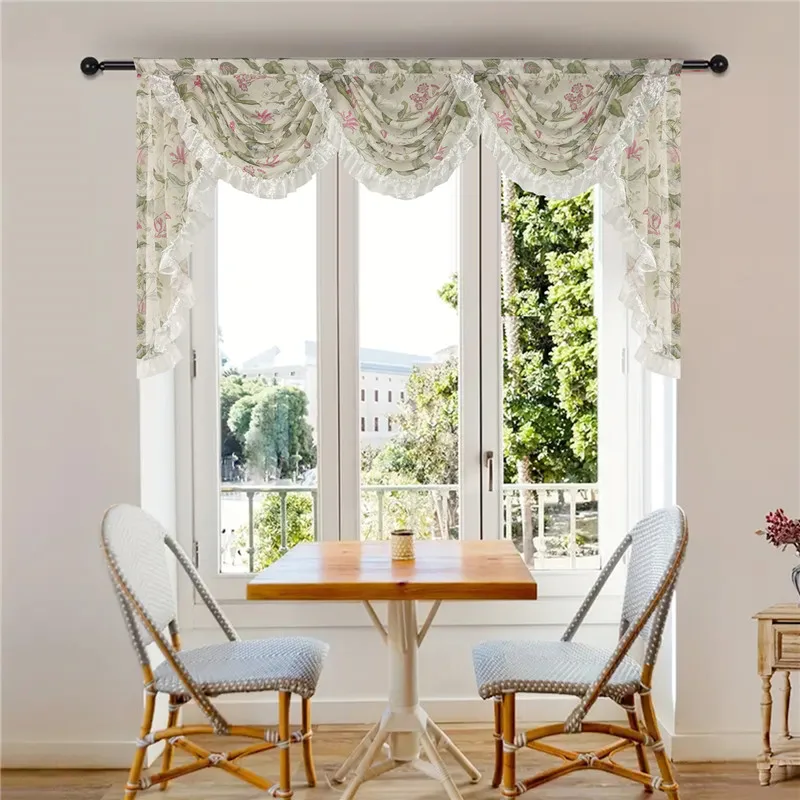 American Flower Ruffled Lace Valance Curtain For Living Room Bedroom Romantic Pastoral Waterfall Short Tulle Drapes For Kitchen