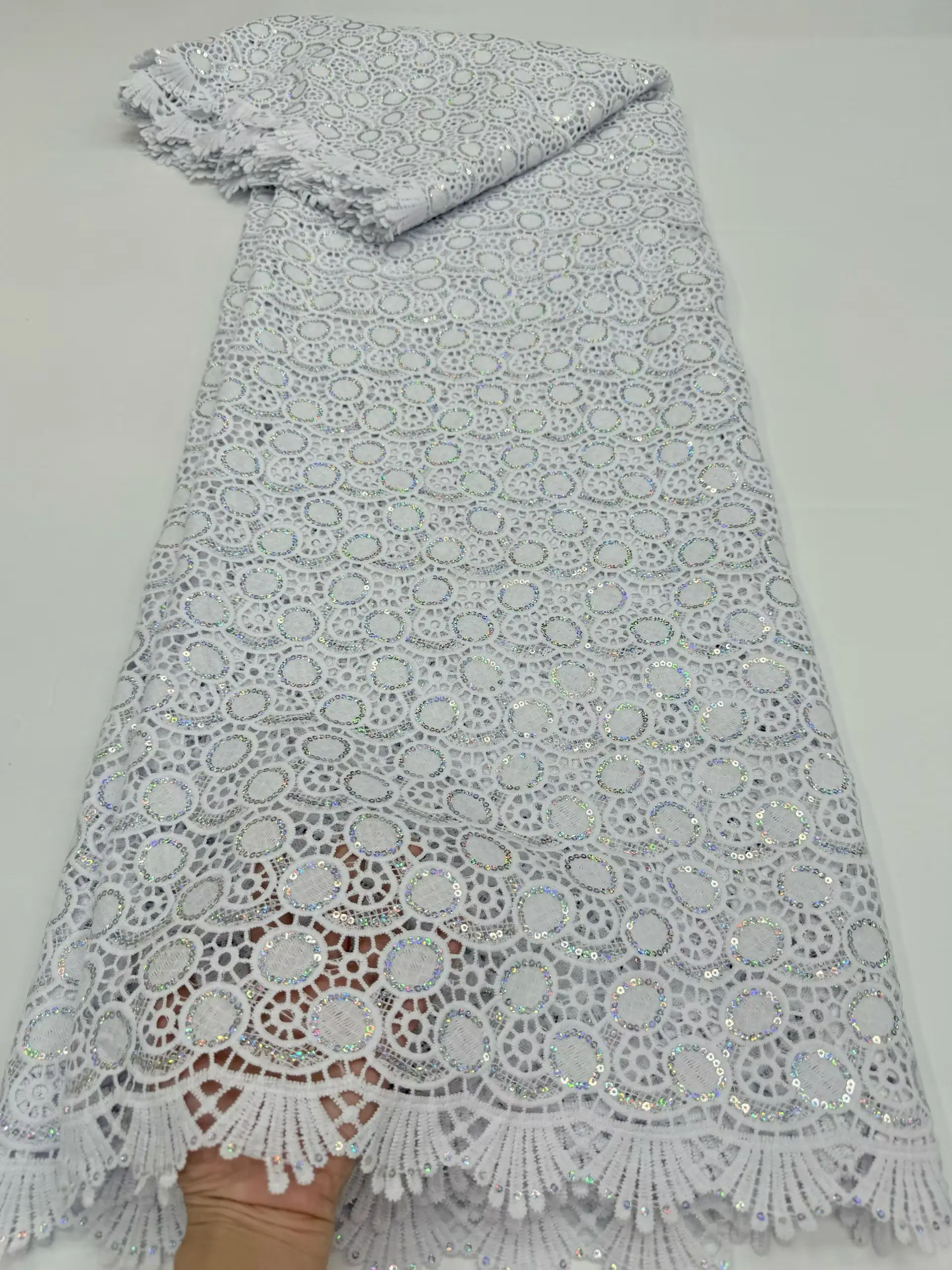 

New Design Sequins White African Nigerian Guipure Cord Lace Fabric 2025 High Quality Water Soluble Lace Fabric For Dress LR25160