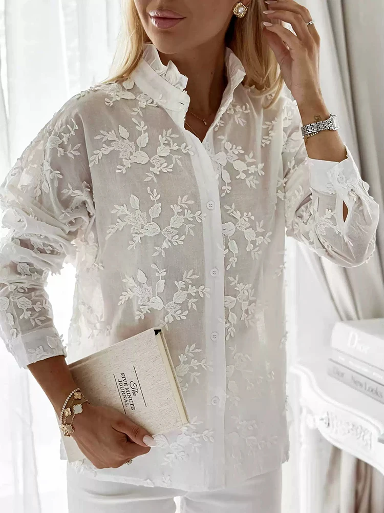

Elegant Long Sleeve Commute Shirts Spring Summer New Women's Simple Hollow Out Top Solid Lace Floral Embroidery See-through Tops