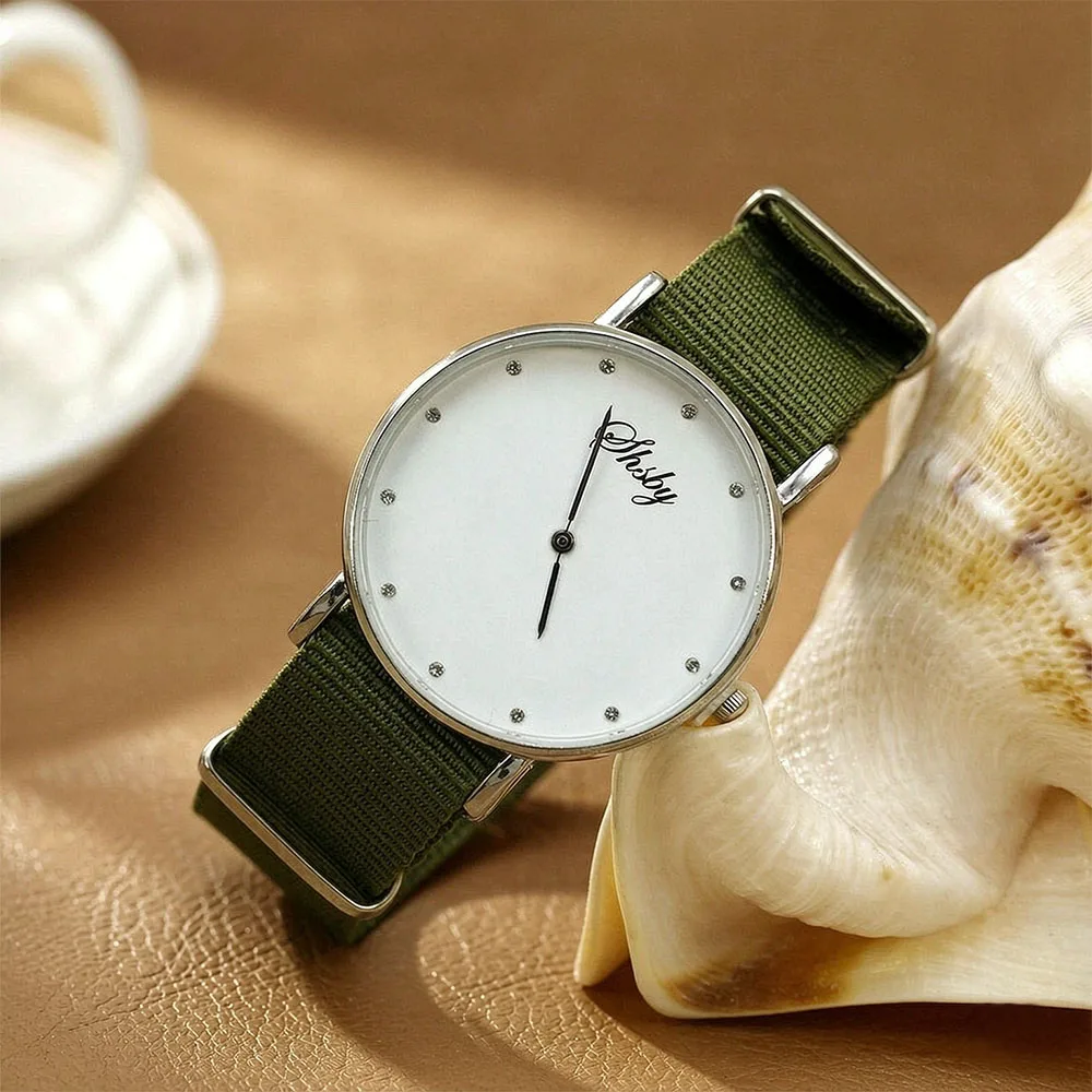 Large Face Black Case Watch Army Green Nylon Strap Minimalist Quartz Wristwatch Simple Casual Ladies Gift Unisex Student Watch