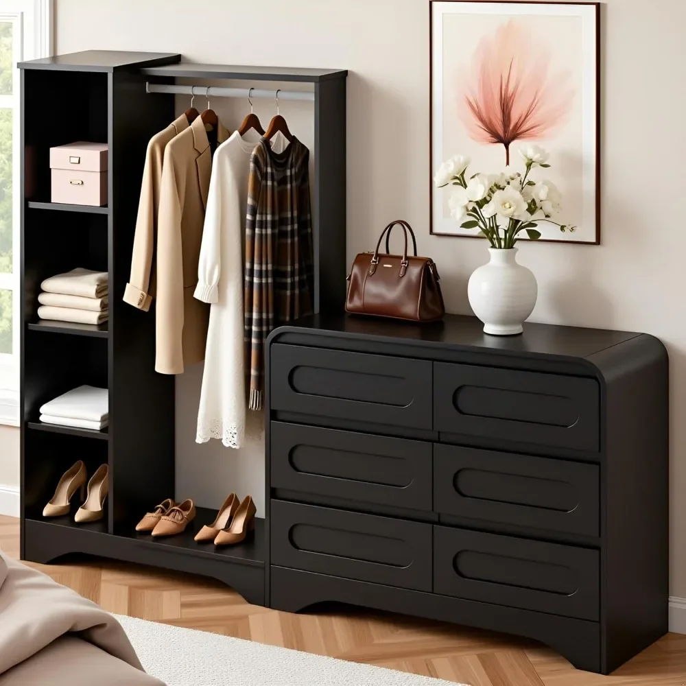 

Armoire Wardrobe Closet, 47 Wide Dresser with Hanging Rack, Wardrobe Closet with 6 Drawers Dresser and Tall Storage Tower.