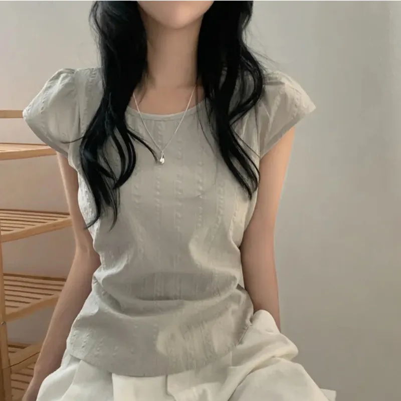 Koreaanse Chic Grid Tops & Tees Zomer Y2K Retro Niche Design Temperament Modieus Casual Ronde Hals Onesize Trekkoord Shirt Nieuw