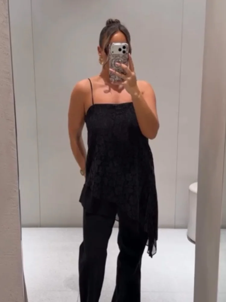 

HH Woman Elegant Sleeveless Sexy Asymmetry Decoration Extended Top Female Summer Versatile Casual Backless Lace Sling Tops