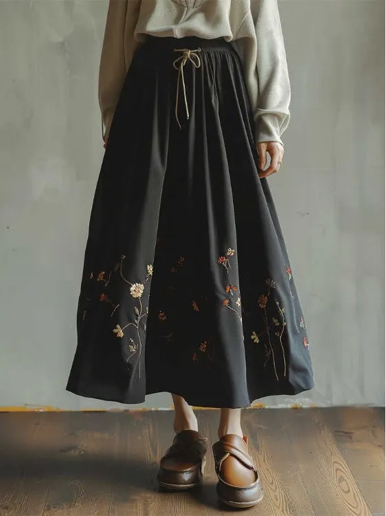 Falda Larga de Estilo Retro con Bordado, Corte en A, Cintura Alta Elástica, Tendencia de Moda Primavera 2025 para Mujer
