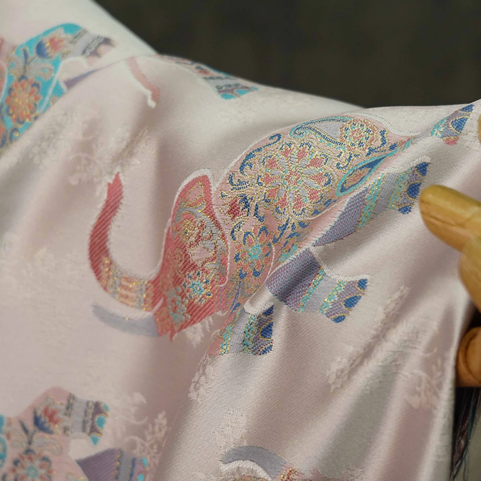 Colorful Elephant Chinese Brocade Jacquard Woven‑Dyed Fabric 59 Inch Width Polyester for Tang Suit Vest Gown Tablecloth Decor