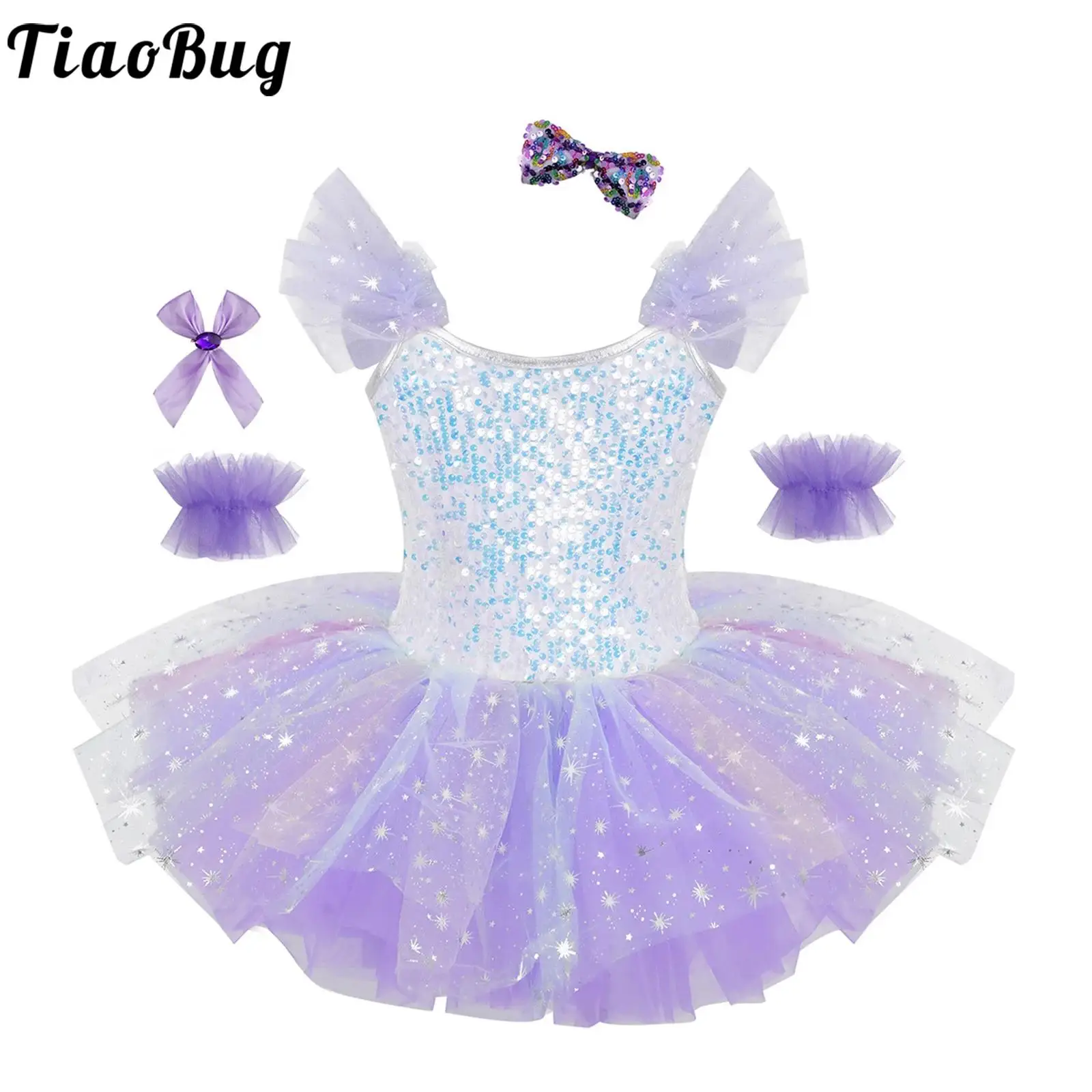 

Kids Girls Ballet Dance Performance Costume Tutu Ballerina Dress Sleeves Sequins Bodice Layered Tulle Dress with Headwear Cuffs