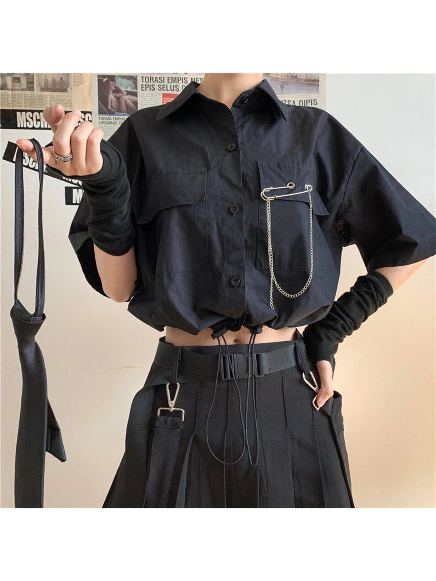 Women's Black Gothic Emo Blouses and Shirts Dark Style Hip Hop Short Sleeve Polo-Neck Shirt Y2k Gyaru Vintage Blouse Summer 2026 view 3
