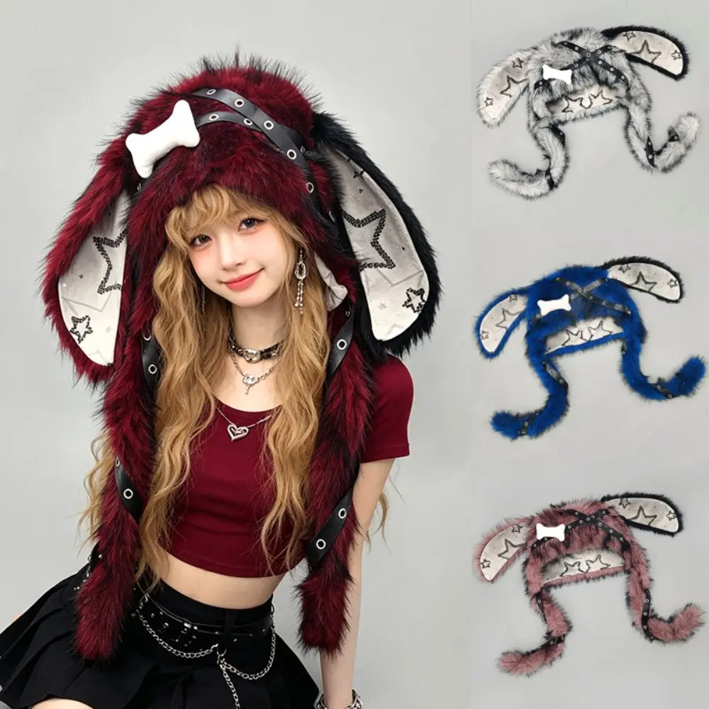 Creative Gift Y2K Streetwear Bunny Ear Hat Gothic Style Faux Fur Hat Adjustable Snaps Punk Style Hat