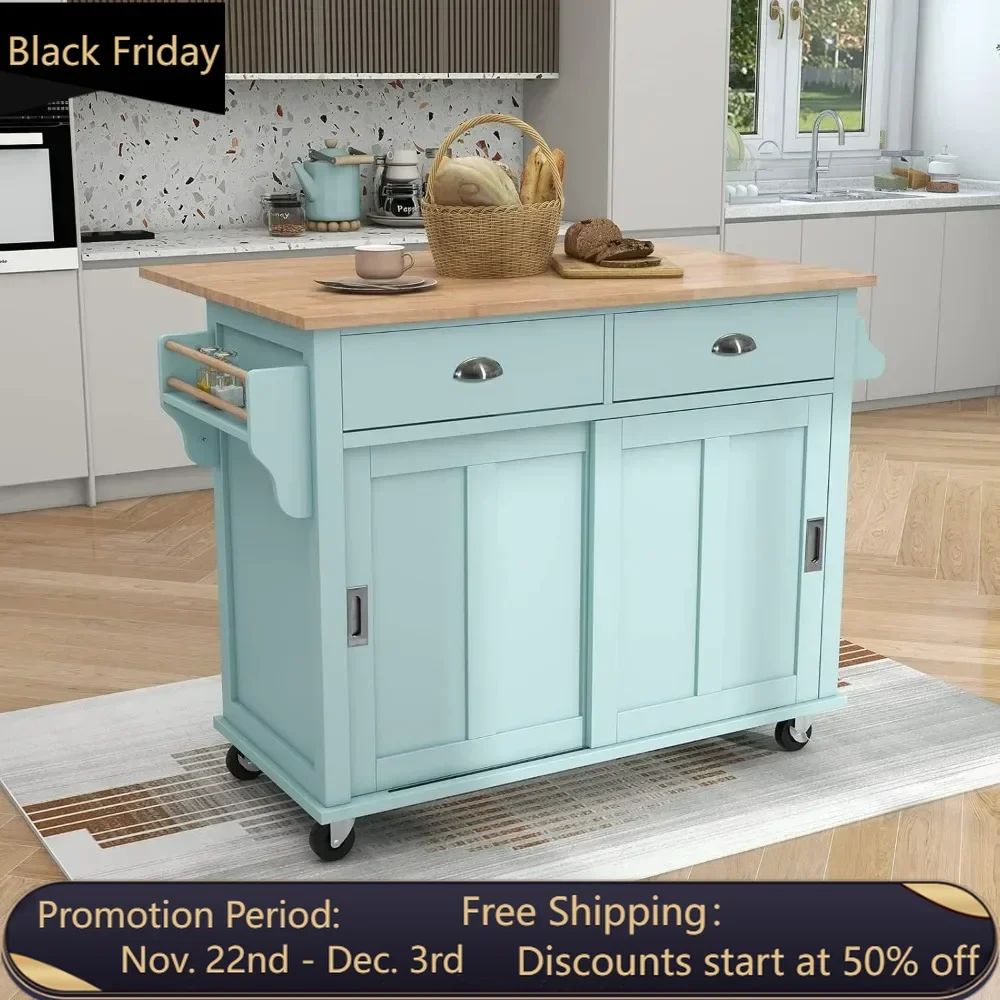 Kitchen Island, Sliding Barn Door Storage Cabinets and 2 Drawers Kitchen Island Cart with Adjustable Shelves, Kitchen Cart