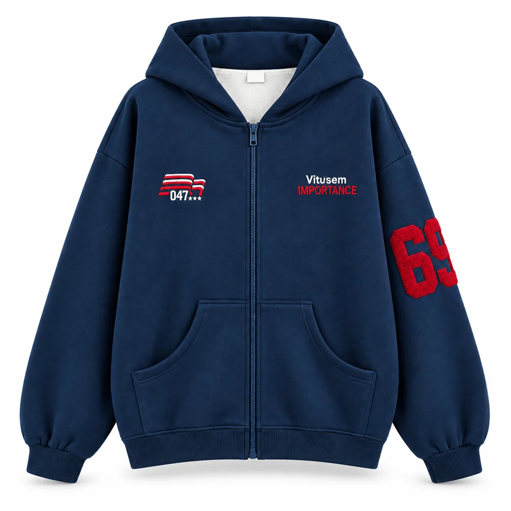 Unisex Zip-Up Hoodie with Varsity 69 Graphics, Relaxed Streetwear Jacket with Kangaroo Pockets