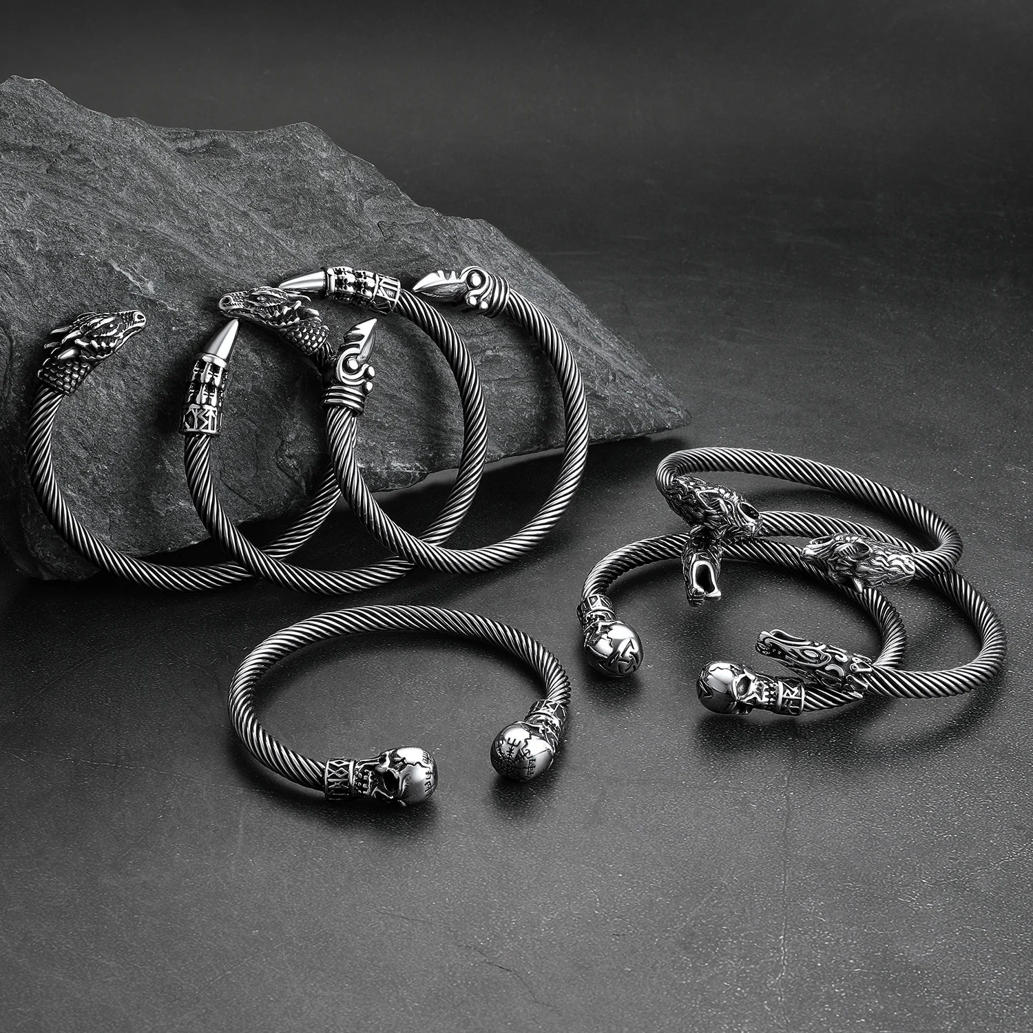 U7 Stainless Steel Twisted Cable Open Bangle Cuff for Men