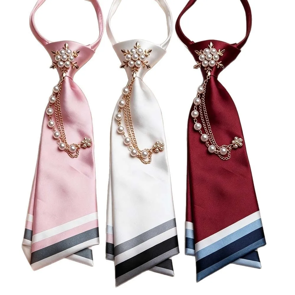 No-Sew Design Beaded Floral Necktie Pearl Chain Decoration Satin Material Double Layer Necktie Double Layer Satin Neck Accessory