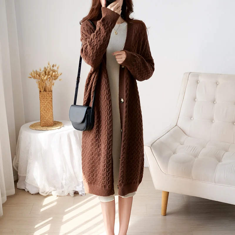 Cashmere Sweater Long Cardigan Women's Long Over Knee Sweater Cardigan Twisted Long Top Autumn and Winter Thickened Coat